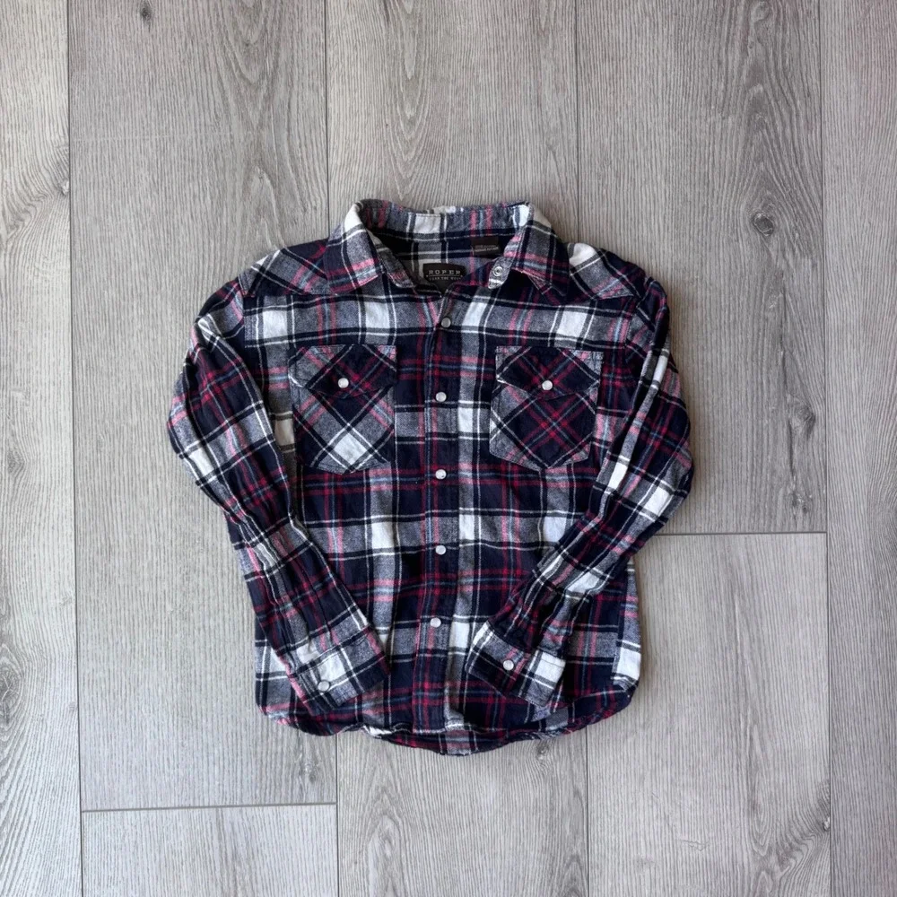 Roper Kids boys Navy Red Plaid Pearl Snap Western Flannel Shirt Size M 8-10